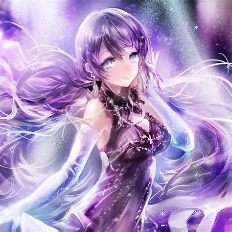 Purple Lady Female Dress Gown Purple Hair Bonito Sexy Gloves Girl Purple Hd Wallpaper