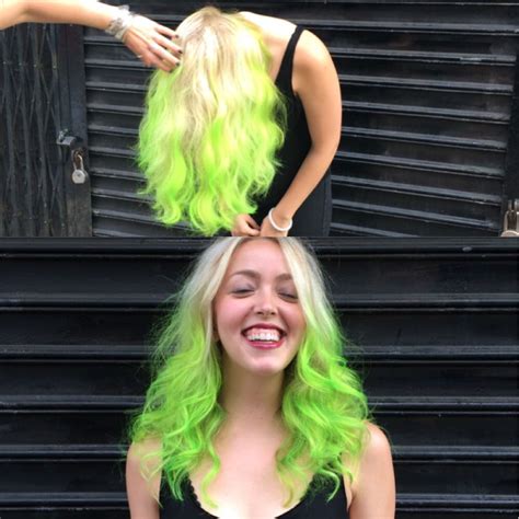 Neon green highlights, styling by Annie Rush. #blonde #greenhair #haircolor #balayage # ...