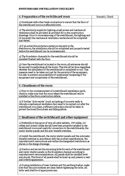 (DOC) SWITCHBOARD INSTALLATION CHECKLIST