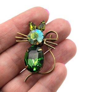 Vintage Signed Regency Jewels Cat Brooch Green Etsy