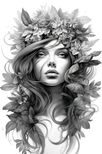 Un Dibujo En Blanco Y Negro De Una Mujer Con Flores En La Cabeza Foto