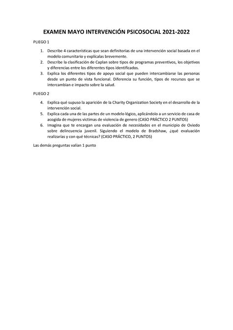 Examen MAYO Intervención Psicosocial 2021 EXAMEN MAYO INTERVENCIN