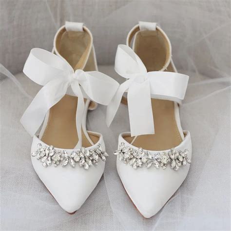 White Satin Bow Rhinestone wedding Flats |FSJshoes