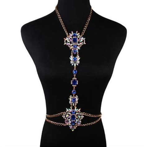 Sexy Crystal Gem Flower Pendant Harness Cross Chunky Necklace Body Bust