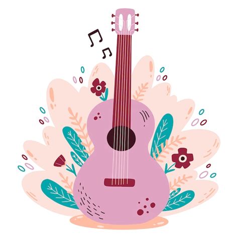 Doodle Estilo Plano Color Ilustraci N Vectorial De Guitarra Con Flores