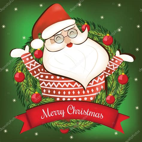 Cartoon Christmas Card With Santa Claus Merry Christmas Lettering And