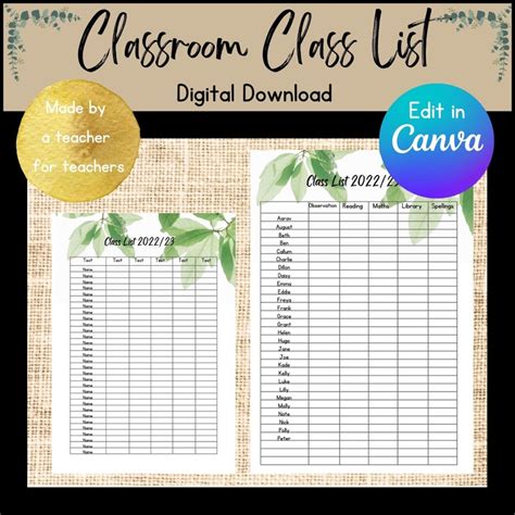 Classroom Class List Editable Printable Template Natural Etsy