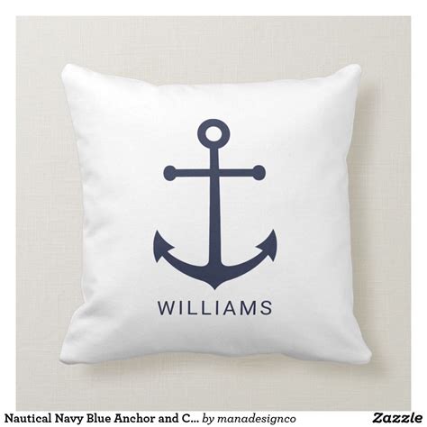 Nautical Navy Blue Anchor And Custom Name On White Throw Pillow