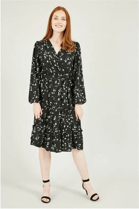 Mela Black Floral Wrap Dress With Frill Hem Mela