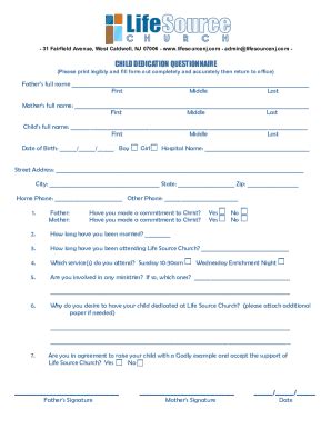 Fillable Online Baby Dedication Request Formshiloh Baptist Church Fax