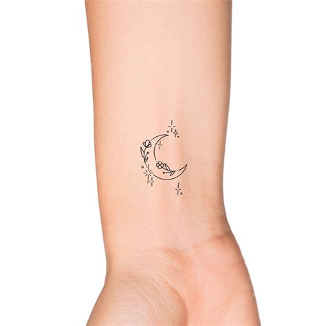 Dainty Floral Crescent Moon Outline Feminine Temporary Tattoo Etsy