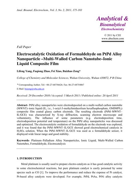 Pdf Electrocatalytic Oxidation Of Formaldehyde On Ptpd Alloy