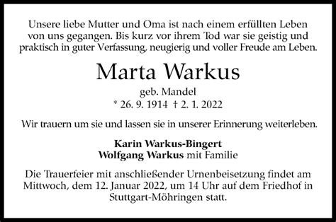 Traueranzeigen Von Marta Warkus Stuttgart Gedenkt De