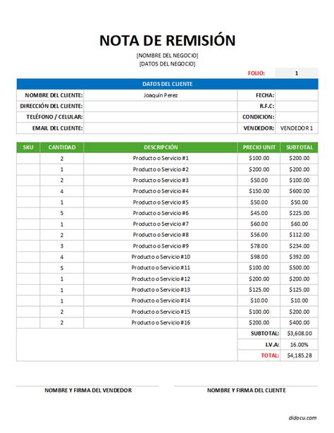 Plantilla de Nota de Remisión en Excel GRATIS didocu