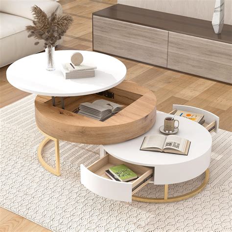 Merax Round Lift Top Nesting Coffee Table Set Of 2with Storage 2 Drawersperfect For Living