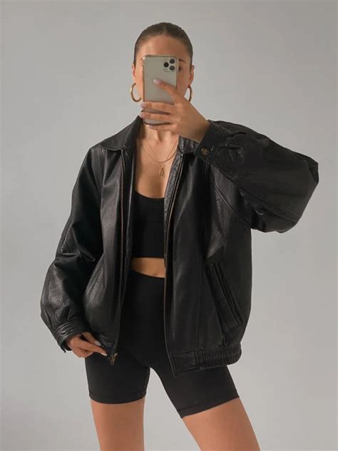 Women Oversized Black Leather Jacket Ladies Straight Cut Jacket Coat Genuine Sheepskin Soft