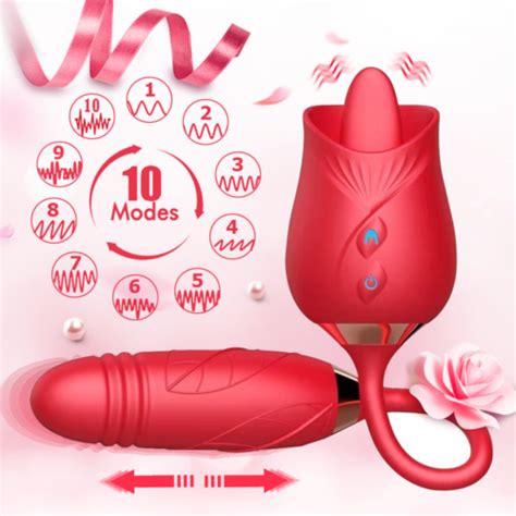 Rose Double Head Vibrator Clit Tongue Licking Telescopic Dildo Sex Toy