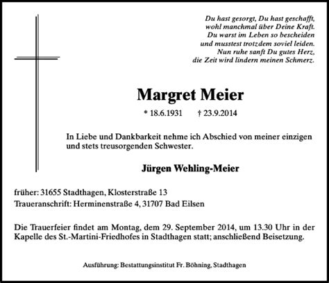 Traueranzeigen Von Margret Meier Trauer Anzeigen De