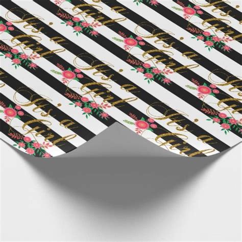 Black And White Striped Wrapping Paper With Pink Flowers On It