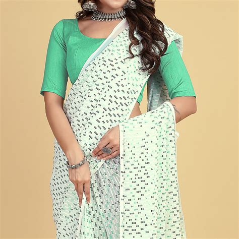 White And Sea Green Sequins Embroidered Georgette Saree