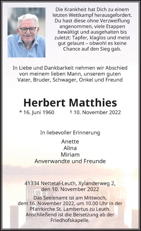 Alle Traueranzeigen für Herbert Matthies trauer rp online de