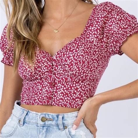 Princess Polly Red Floral Crop Top Milkmaid Depop