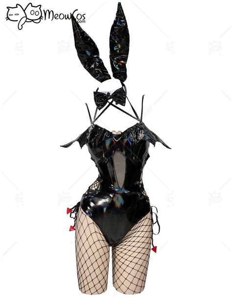 Meowcos Devil Bunny Girl Cosplay Costume Black Bodysuit Lingerie Pu