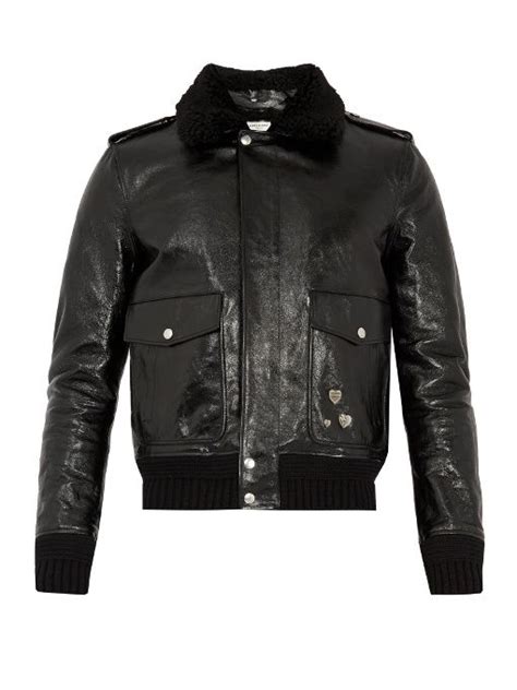 Saint Laurent Shearling Collar Leather Biker Jacket In Black Modesens