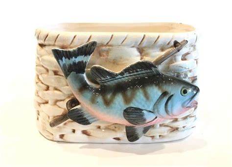 Details About Vintage Rainbow Trout In Fishing Basket Planter Nancy Pew