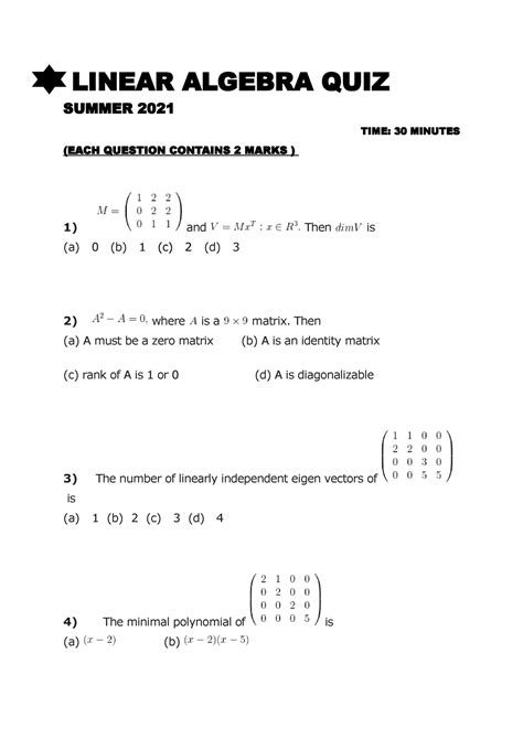 Linear Algebra Quiz Linear Algebra Quiz Summer Time Minutes