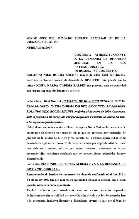 Contesta Afirmativa Demanda De Divorcio SeÑor Juez Del Juzgado