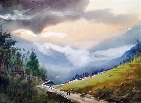 Cloudy Himalaya Mountain Landscape Watercolour By Samiran Sarkar