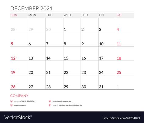 December 2021 monthly calendar planner printable Vector Image