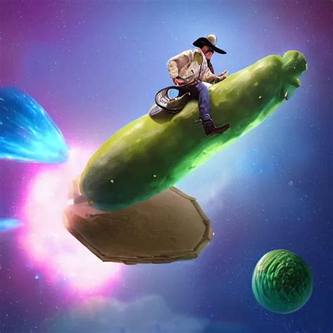 Cowboy Riding A Giant Pickle Through Outer Space Stable Diffusion