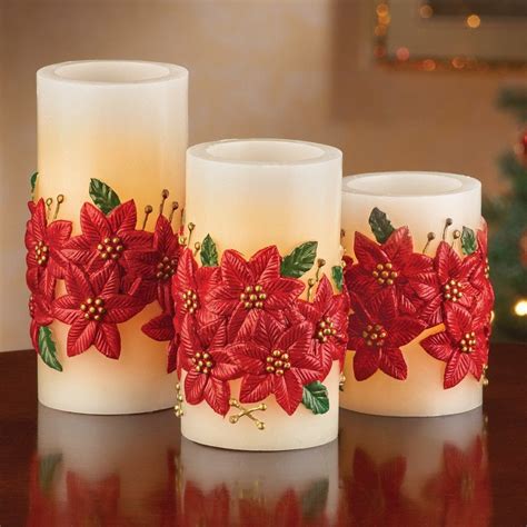 LED Holiday Poinsettia Candles Set Of 3 Unique Candles Christmas