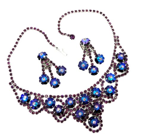 Vintage Juliana Blue Rivoli Purple Rhinestone Bib Necklace Dangle Earring Set Ebay