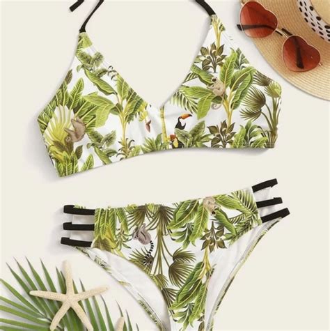 Romwe Swim Monkey Topical Print Ladder Cutout Bikini Set Poshmark