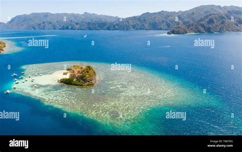 Tropical Island With Coral Reefs Philippine Islands In Clear Weather Aerial View Philippines