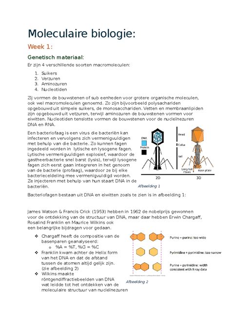 Moleculaire Biologie Week 1 En 2 Moleculaire Biologie Week 1