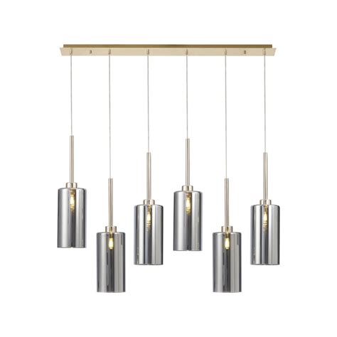 Fabula Tamworth 6 Light Linear Pendant Tall Cylinder Shades French Gold And Chrome Glass