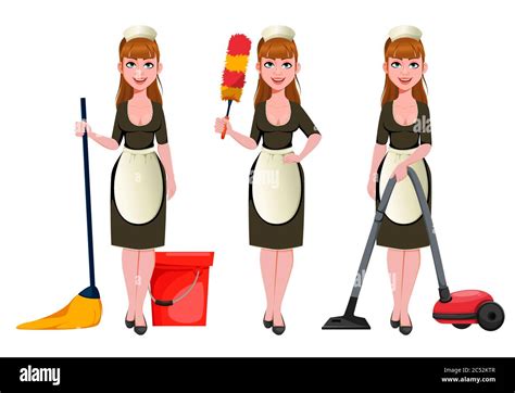 Maid Cleaning Lady Smiling Cleaning Woman Set Of Three Poses