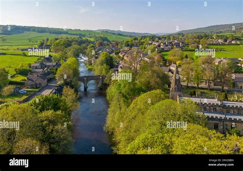 Aerial view of river Derwent and Baslow village, Peak District National ...