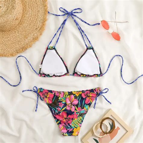 Random Print Triangle Bikini Sets Halter Neck Tie Back Tie Temu