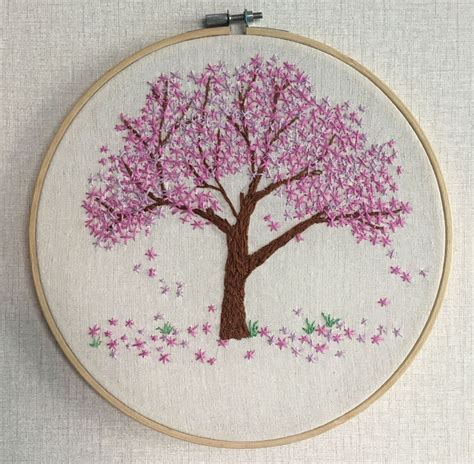 Pink Flower Tree Cherry Blossom Hand Embroidery Hoop Wall Art Etsy