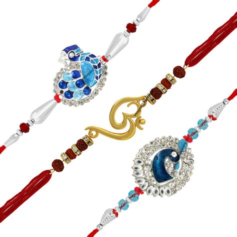 Mahi Combo Of Om And Peacock Rakhis With Crystals And Rudraksha For