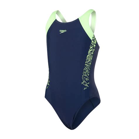 Speedo Boom Splice Muscleback Girls Swimsuit Navy Green Run Charlie