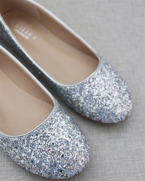 Silver Rock Glitter Flats With Back Satin Bow Bridal Shoes Etsy