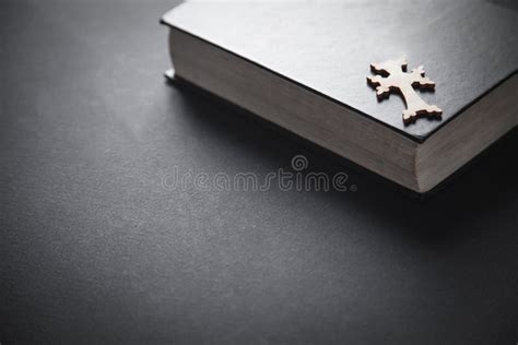 Bible With Wooden Cross On Black Background Stock Photo Image Of