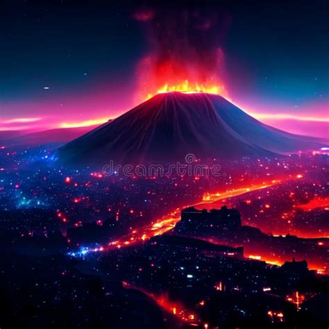 D Render Of Volcano Eruption At Night Generative Ai Stock Illustration