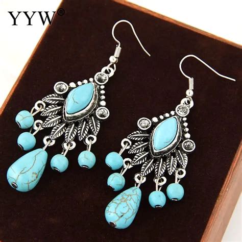 YYW Ethnic Bohemian Women Teardrop Black Vein Turquoises Earring